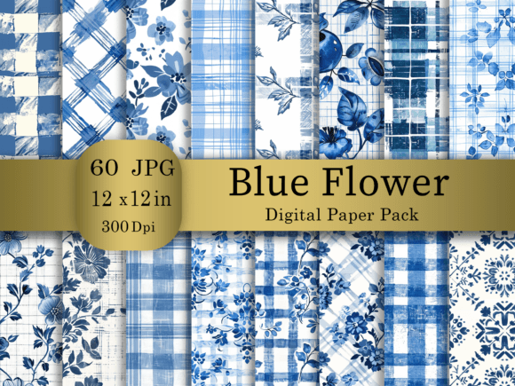 Blue Flower Digital Paper Bundle. 60 Jpg