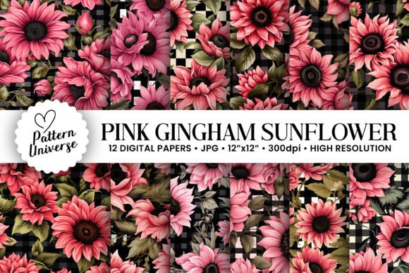 Pink Gingham Sunflowers Seamless Pattern Collection