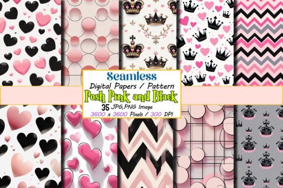 Seamless Posh Pink and Black Pattern Papers Background Set